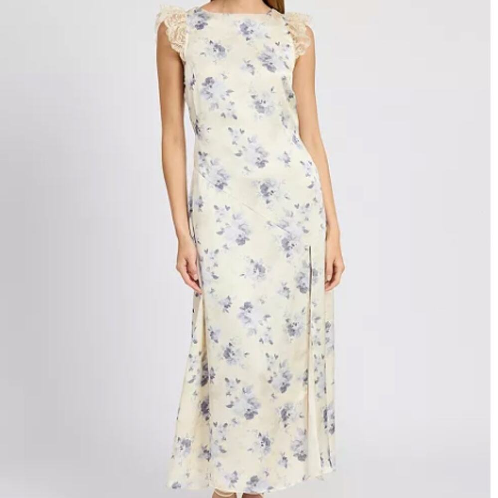 En Saison Petra Floral Satin Lace Sleeve Maxi dress ivory blue flowers NEW - M